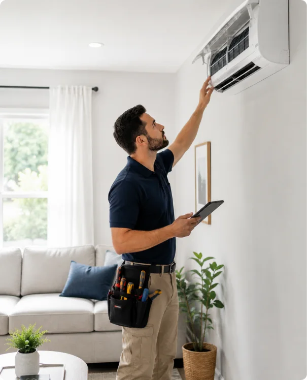 Technician using a tablet while inspecting a wall-mounted air conditioner