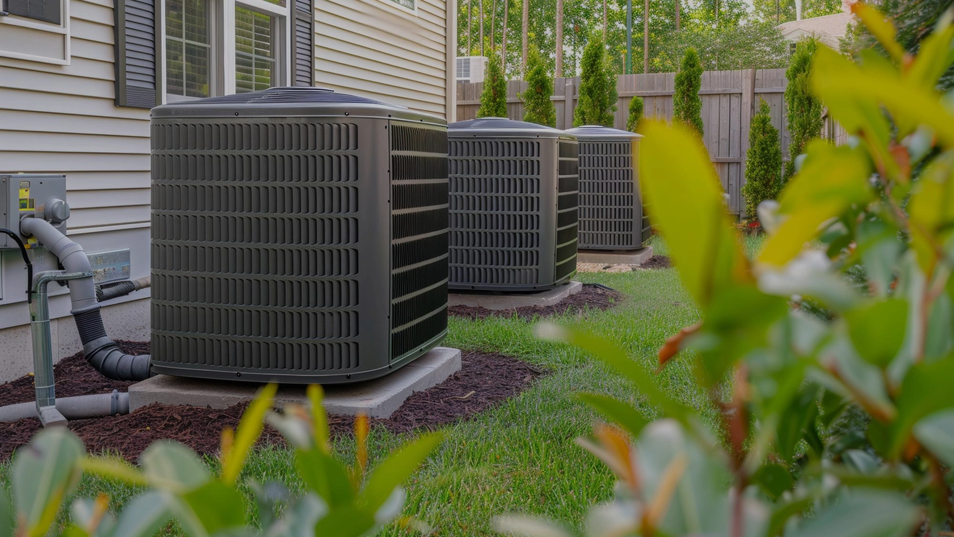 Outdoor residential HVAC air conditioning units installed beside a house