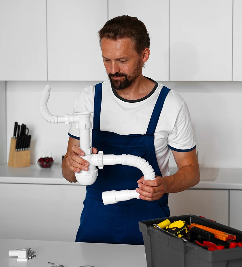 Plumber preparing drain pipes for a kitchen sink installation
