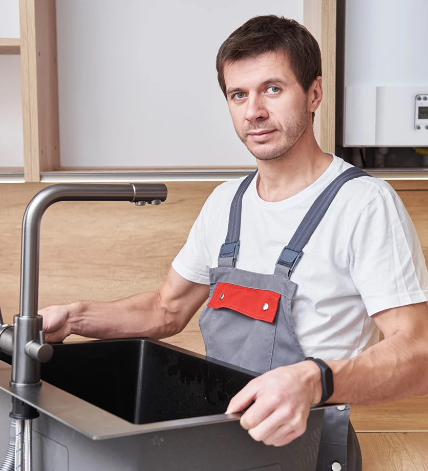 Professional plumber inspecting a residential kitchen sink