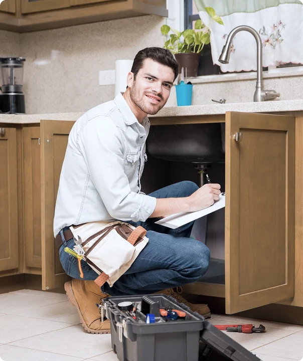 Plumber inspecting plumbing connections under a kitchen sink