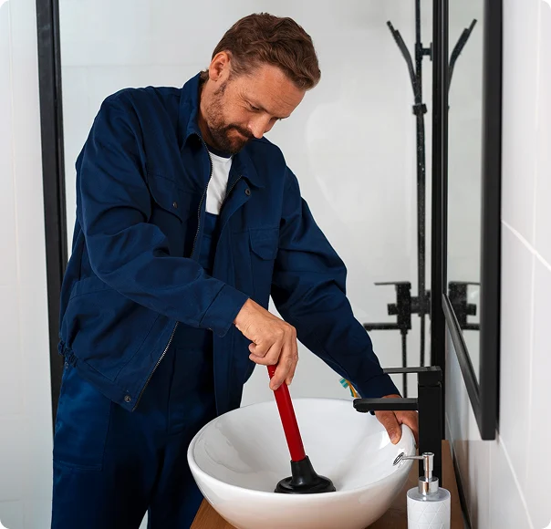 Plumber clearing a clogged bathroom sink with a plunger