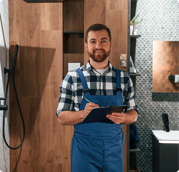 Professional plumber holding a clipboard in a residential bathroom"