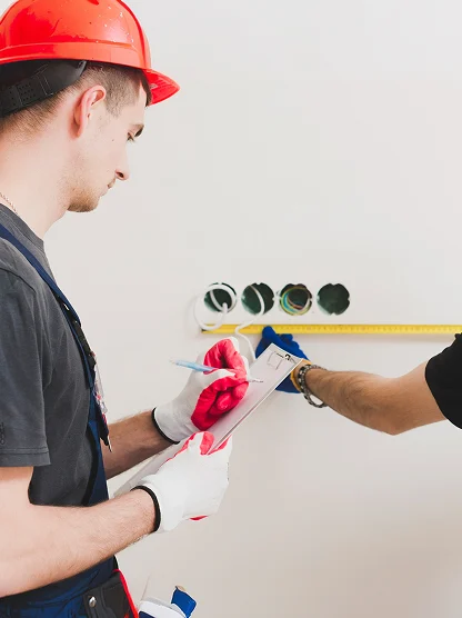 Electrician reviewing electrical installation plans during a home project