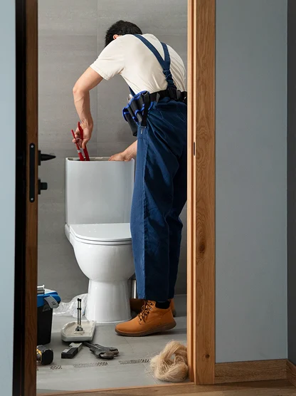 Plumber repairing a residential toilet