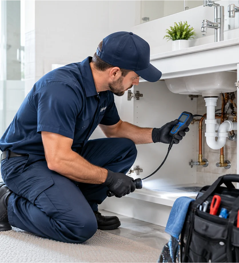Professional plumber using electronic leak detection equipment to inspect pipes underneath a bathroom sink.