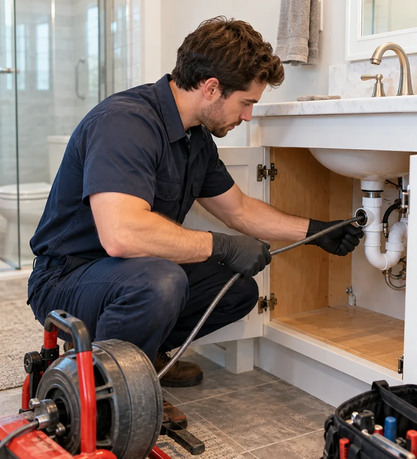 Professional plumber using a drain cleaning machine to unclog a bathroom sink pipe.