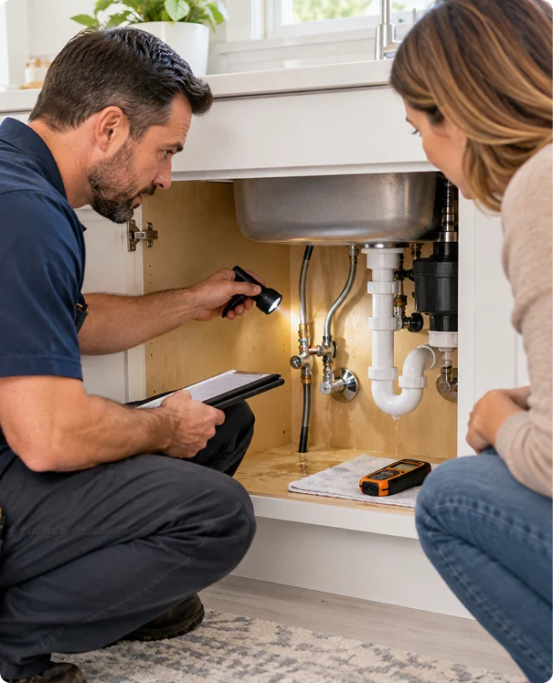 Professional plumber inspecting kitchen sink plumbing with a flashlight while discussing findings with a homeowner.