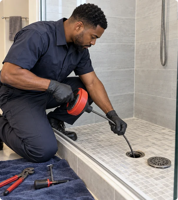 Professional plumber clearing a blocked shower drain with a drain cleaning machine.