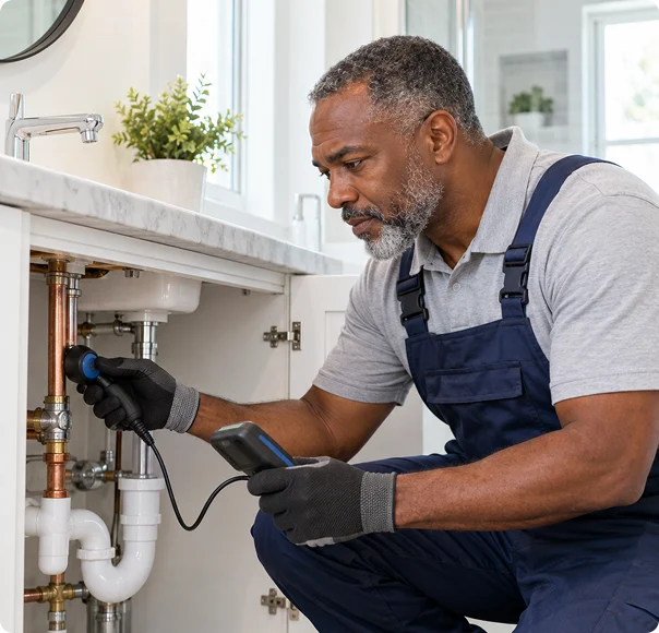 Plumbing technician checking copper water pipes for leaks using specialized detection equipment.