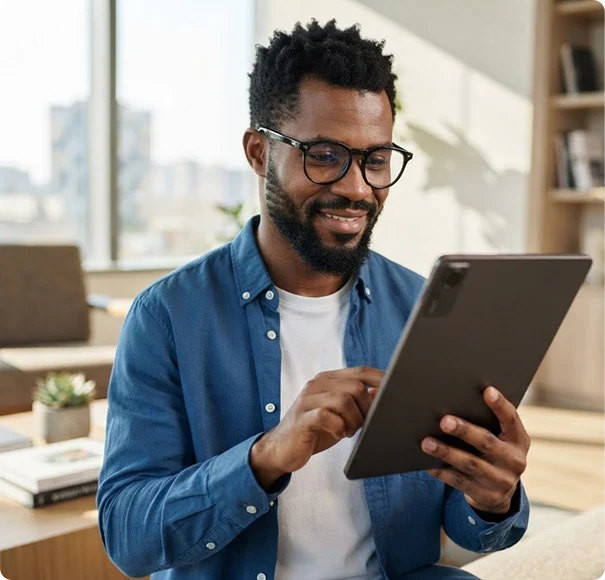 Smiling homeowner using a tablet to review information about plumbing services.