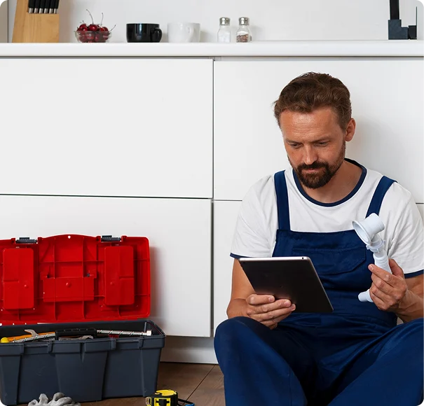Plumbing technician reviewing repair information on a tablet while holding a pipe fitting.