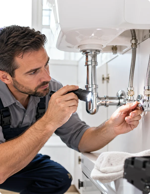 Plumbing technician examining sink drain connections and water supply valves for potential leaks.