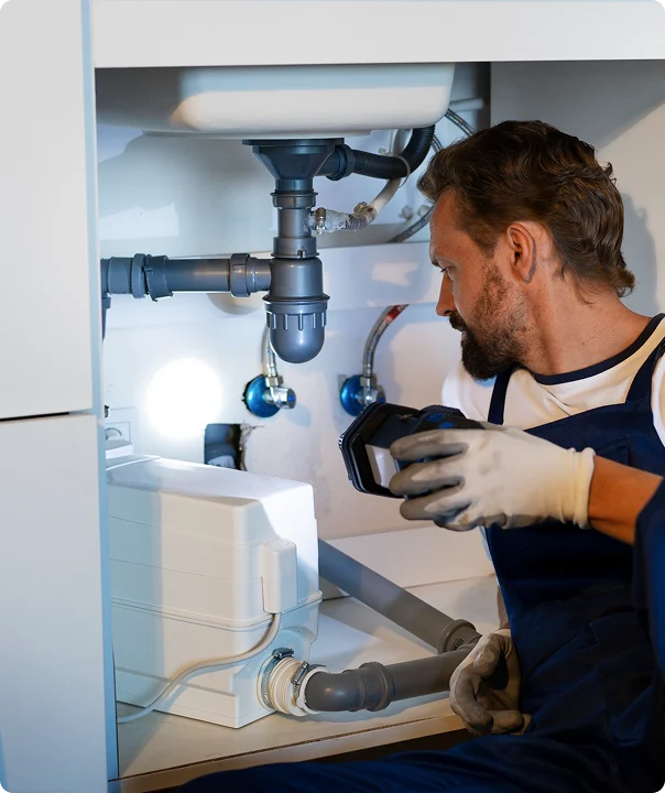 Professional plumber inspecting kitchen sink pipes and drainage connections under a cabinet.