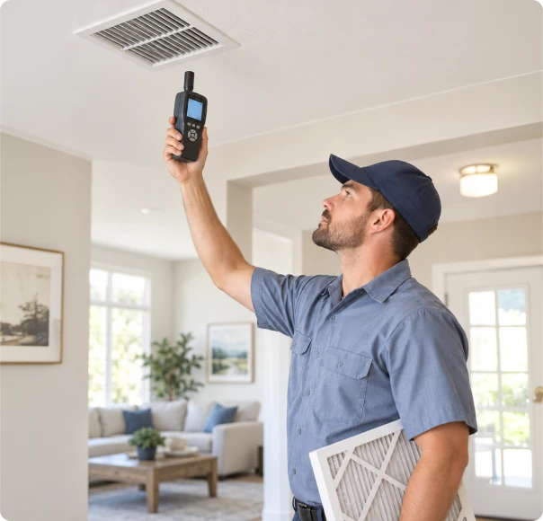 Technician measuring indoor air near a ceiling vent while holding an air filter.