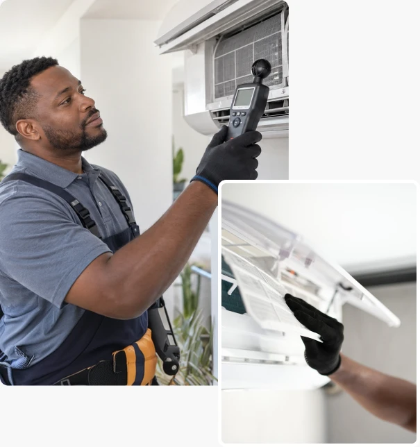 Technician testing airflow at a wall-mounted air conditioner and removing its filter.