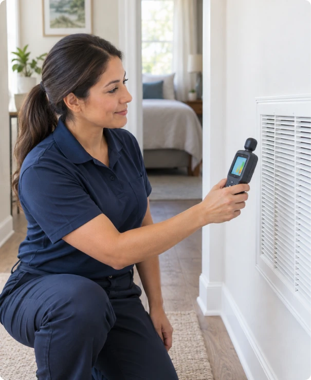 Technician using an air quality meter beside a return air grille.