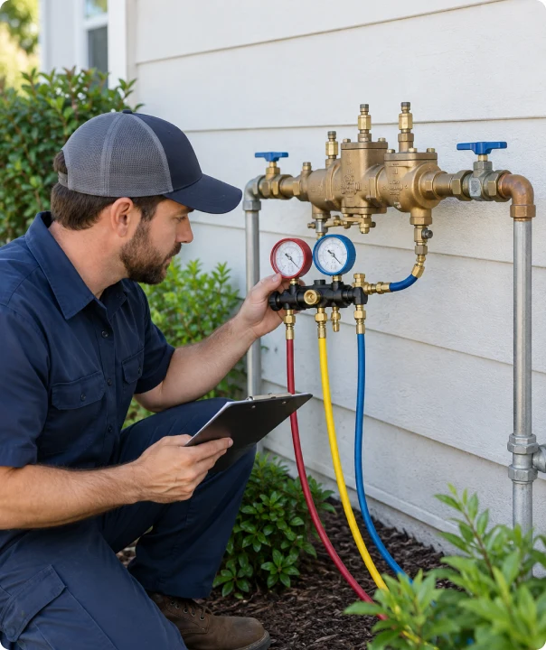 Technician checking pressure gauges on an outdoor backflow preventer.