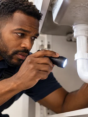 Professional plumber using a flashlight to inspect drain pipes underneath a sink.