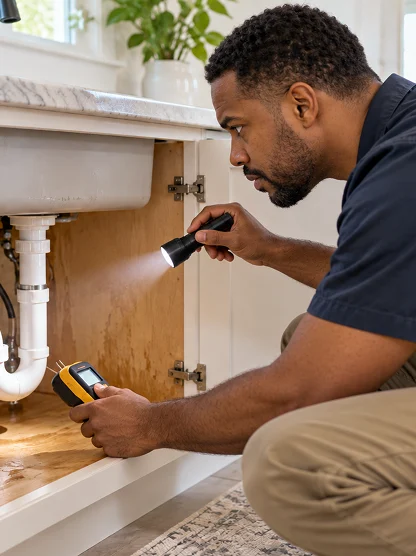 Plumbing technician checking for water leaks beneath a kitchen sink using a moisture meter and flashlight.