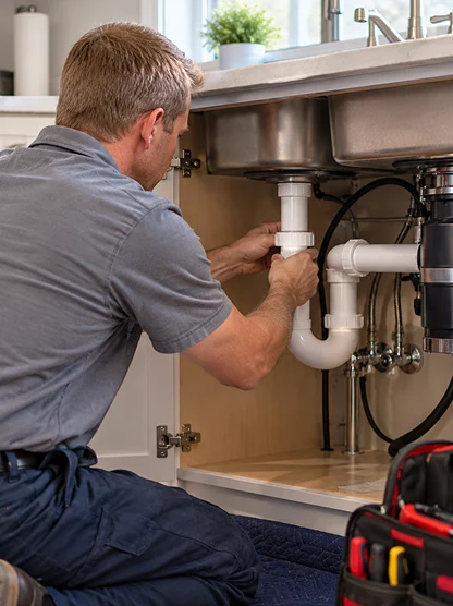 Plumbing technician repairing and reconnecting drain pipes underneath a kitchen sink.