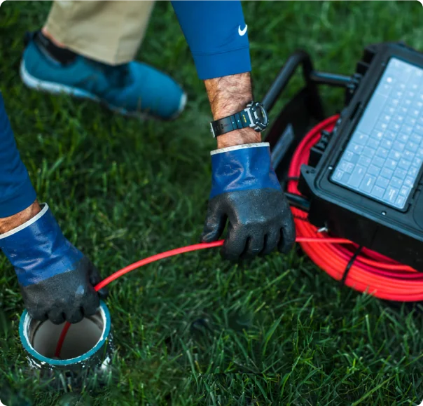 Gloved technician operating sewer inspection equipment outdoors.