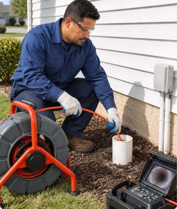 Plumbing technician inspecting a sewer line beside a home.