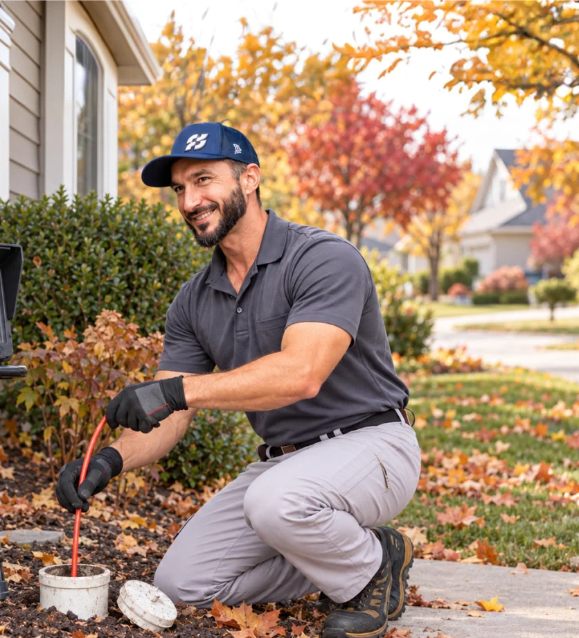 Plumbing technician feeding an inspection camera into an outdoor sewer access pipe.