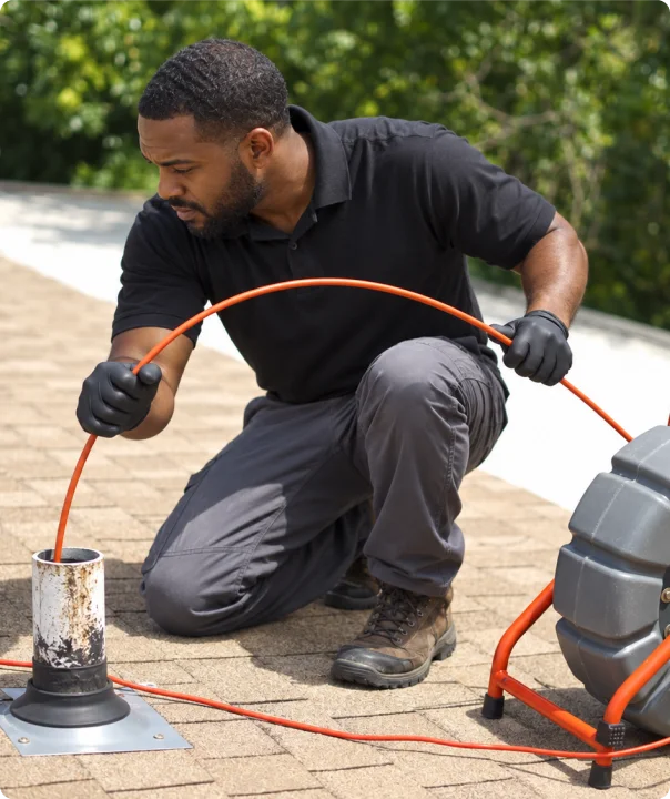 Plumbing technician using a sewer inspection camera at a driveway access pipe.