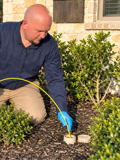 Plumbing technician guiding a yellow camera cable into an outdoor sewer access pipe.