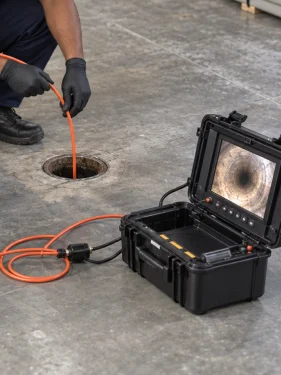 Sewer inspection camera and monitor beside an open drain.