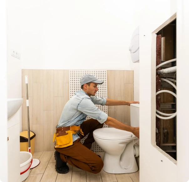 Plumber installing a toilet beside an open plumbing access panel
