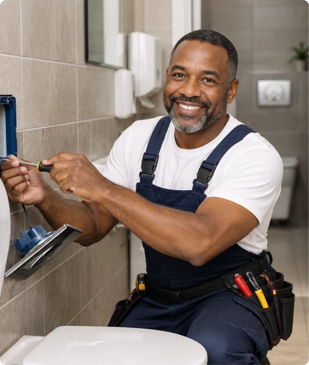 Plumber repairing a concealed toilet flush mechanism