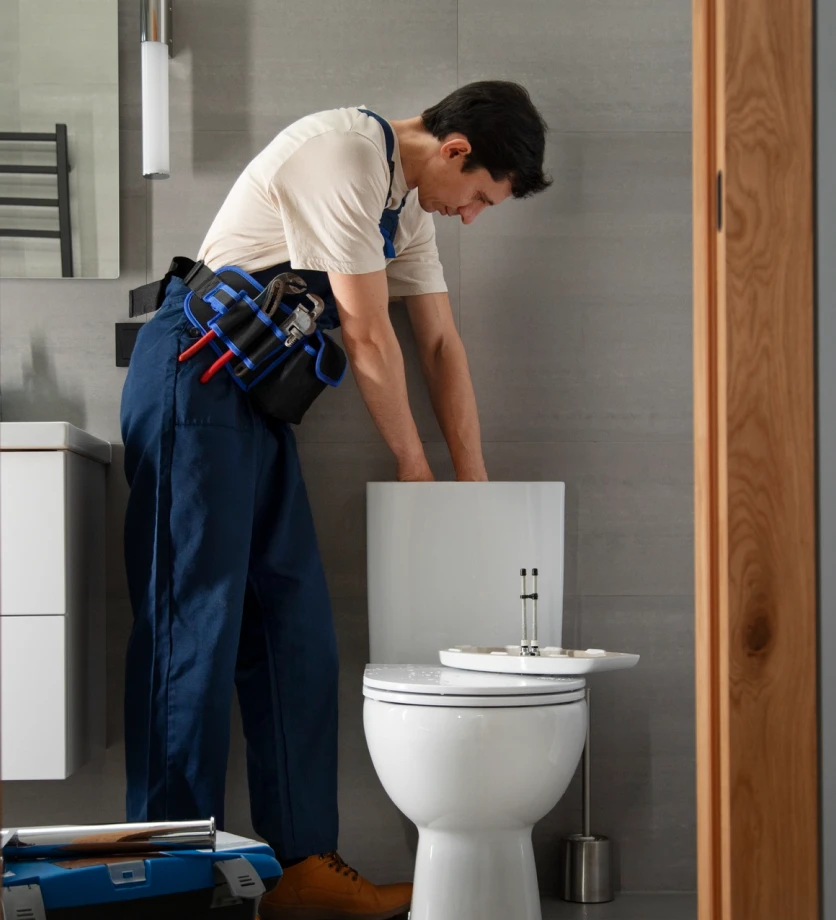 Plumber working on a toilet tank in a bathroom