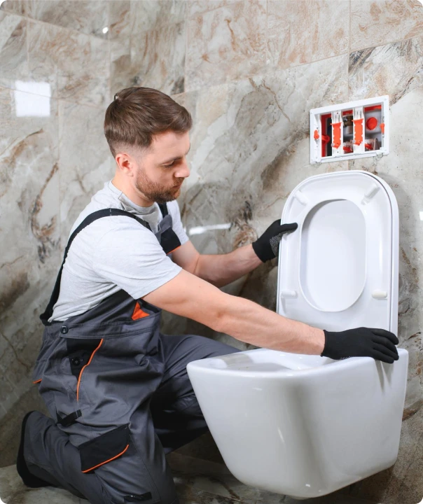 Plumber inspecting a wall-mounted toilet and flush mechanism