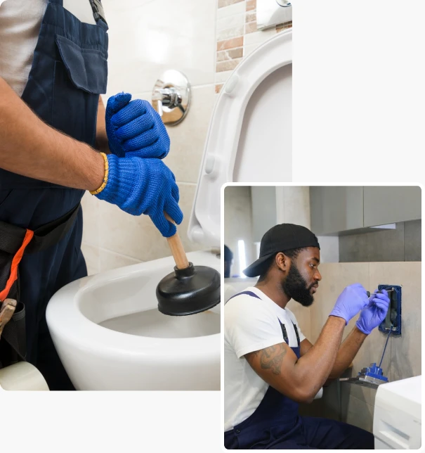 Plumber using a toilet plunger and technician repairing a concealed flush mechanism