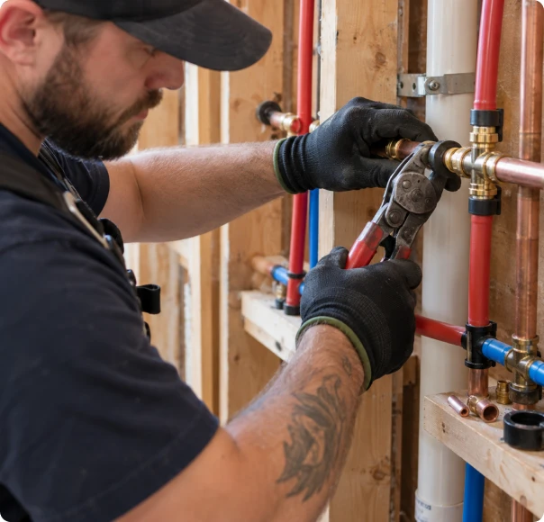 Plumber using a crimping tool on an exposed water-line fitting