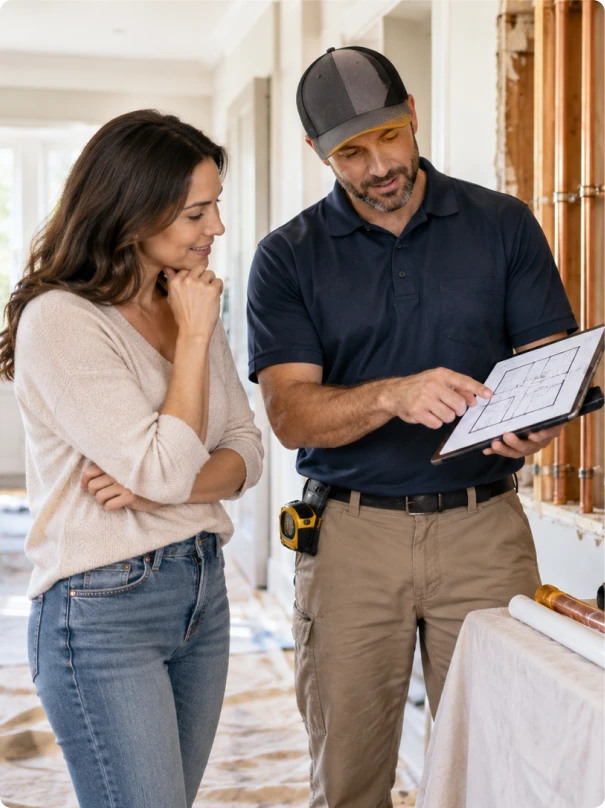 Plumber explaining a piping plan to a homeowner