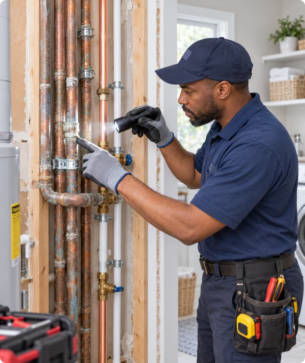 Plumber using a flashlight to inspect exposed copper water pipes