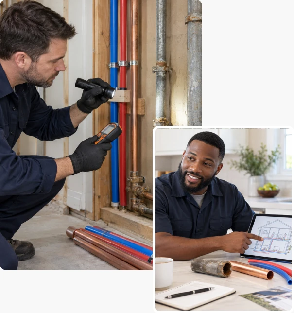 Plumber inspecting exposed water lines and another plumber reviewing a piping plan